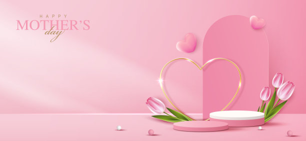 展示讲台为母亲节，情人节用心和花。最小的粉红色背景。产品展示展示。工作室的概念，最小的墙壁场景。矢量设计。图片下载