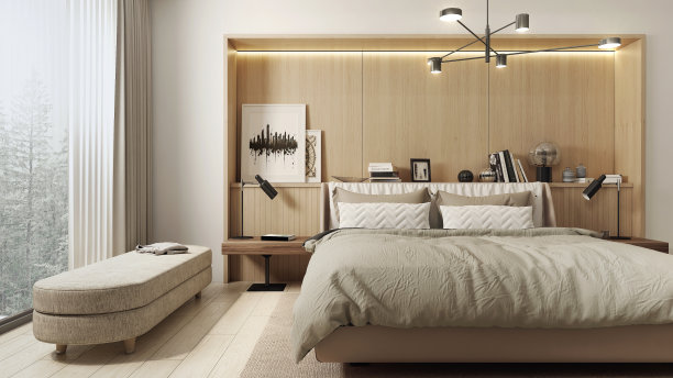 现代宽敞的日式风格卧室。图片下载