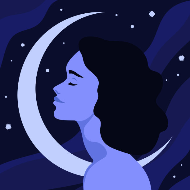 月牙形背景上年轻女子闭着眼睛的侧面。年轻女性侧面的肖像或头像。冷静而平和的女孩。矢量图图片下载