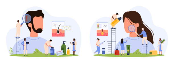 头发和皮肤问题集，小的人用放大镜诊断痤疮和脱发图片下载