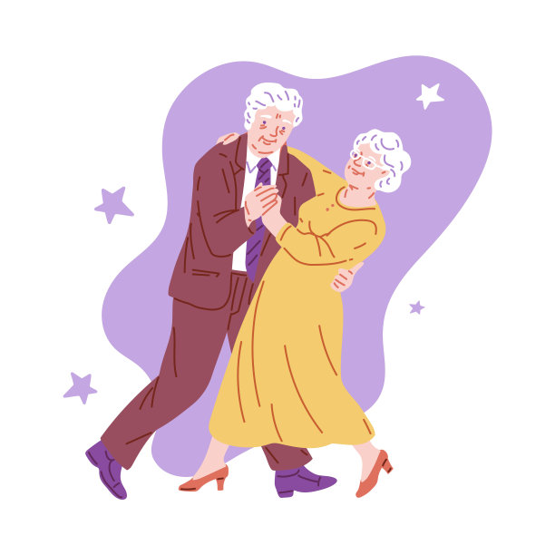 在白色背景的浪漫舞蹈插图中，一对老夫妇露出幸福的笑容图片下载