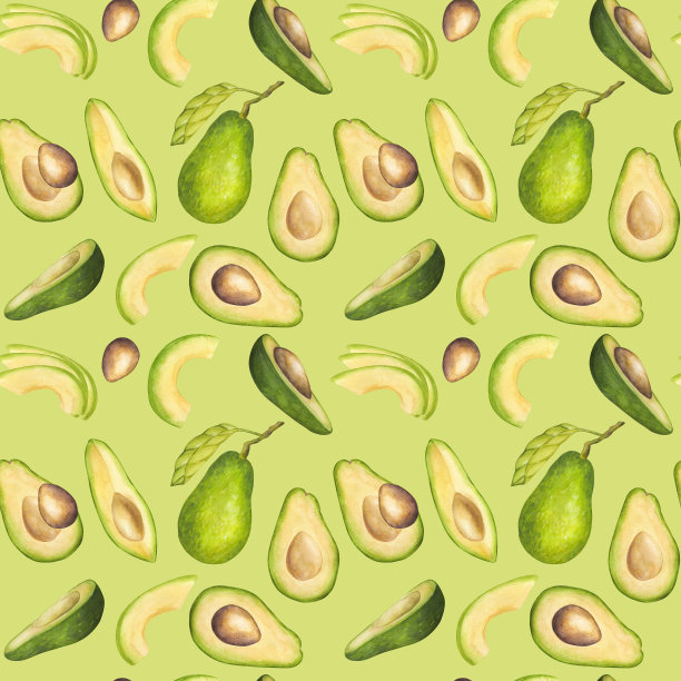 牛油果无缝图案。半果带核，切片，绿叶。植物植物剪贴画。手绘水彩插画背景。模板明信片，印刷包装图片下载