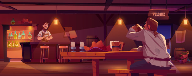 老西部酒馆的内饰和木桌上的男人图片下载