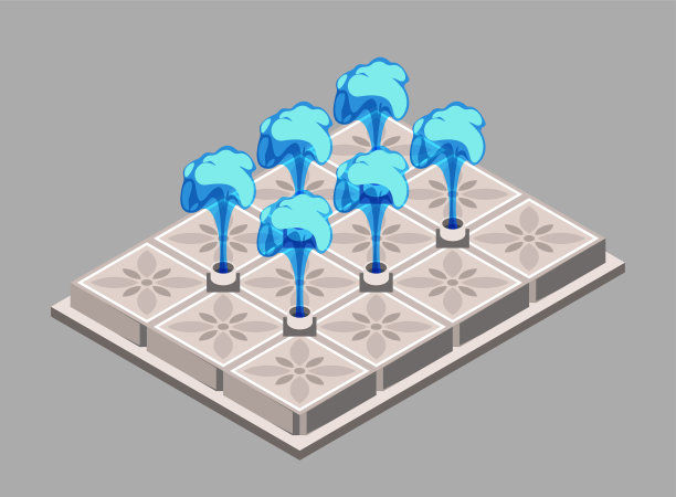 风格化的蓝色矢量喷泉装饰瓷砖，等距矢量插图对灰色背景，城市设计的概念图片下载