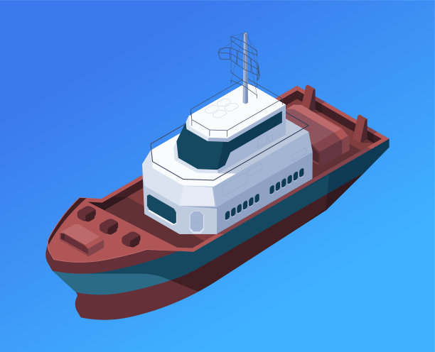 一艘货船在蓝色背景上的等距矢量插图，描绘了海上运输。图片下载