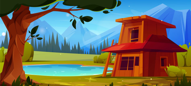 山谷里湖边的木屋图片下载