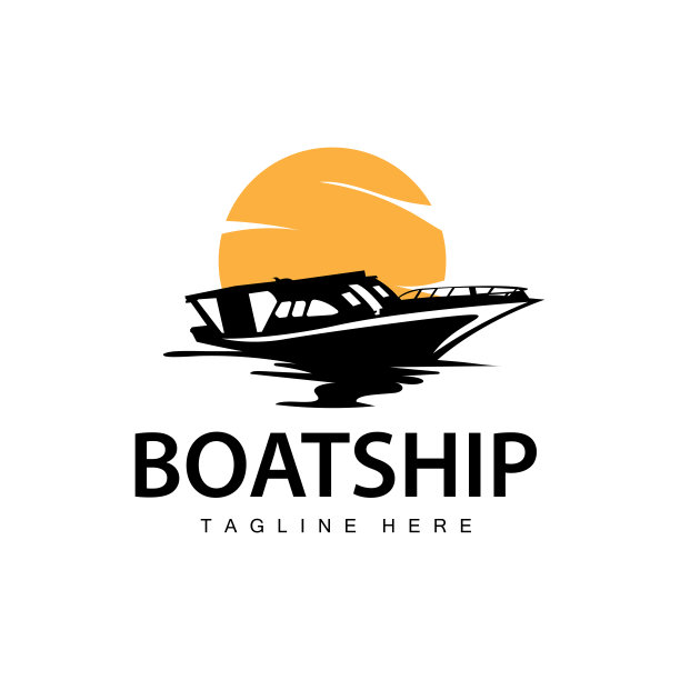 快艇船黑色轮廓设计复古航海简单的海上船旅行模板插图图片下载