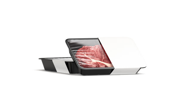 空白透明塑料牛肉托盘与白色标签模拟堆栈图片下载