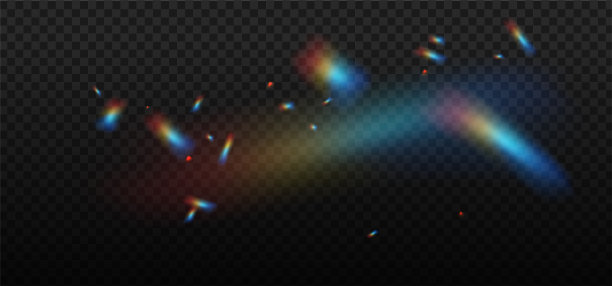 彩虹高亮模板在一个黑暗的背景。眩光或反射从水和玻璃分散。闪亮的粒子用于社交媒体背景，照片拍摄。新潮矢量叠加图片下载