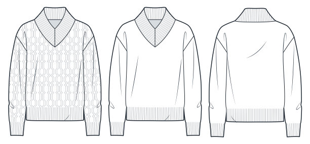 毛衣技术时尚插画。钢缆针织毛衣时尚平面技术图纸模板，轻松合身，v领，前后视图，白色，女，男，男女皆可。图片下载