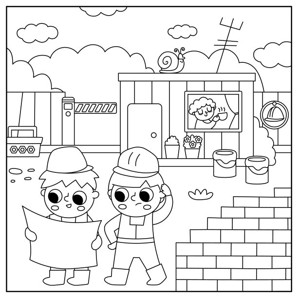 矢量黑白建筑工地景观插图。现场有童工在看平面图。方形背景，着色页与有趣的建设者，砖墙，办公集装箱图片下载
