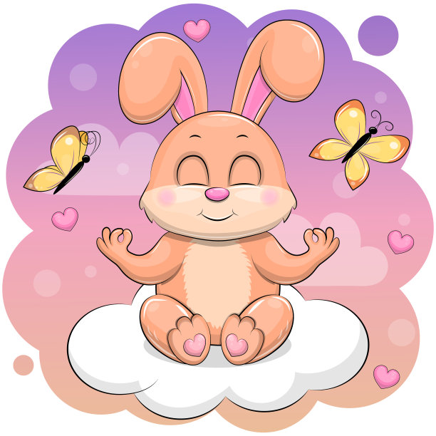 一只可爱的卡通兔子正在云端冥想。图片下载