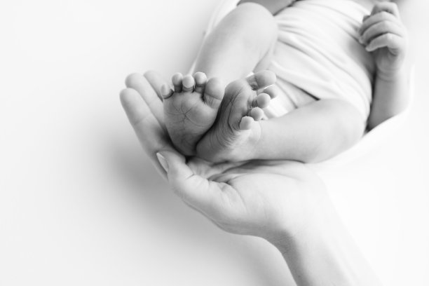 爸爸的手掌，妈妈都抱着刚出生的婴儿的脚。新生儿的脚放在父母的手掌上。工作室微距黑白照片的一个孩子的脚趾，脚跟和脚。图片下载