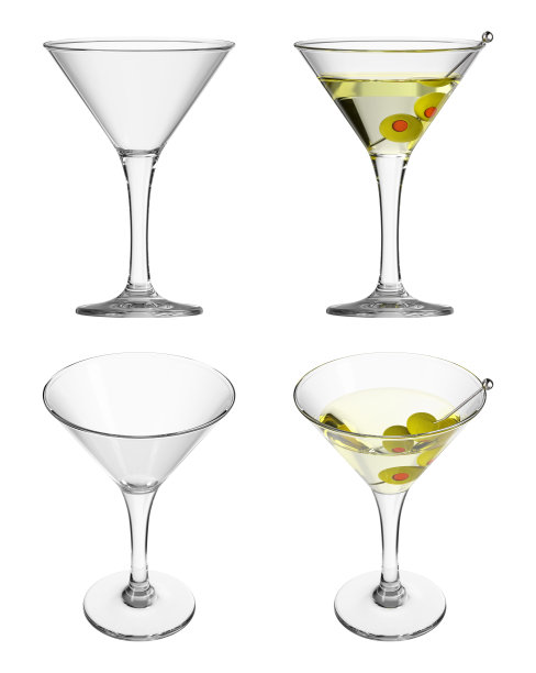 在白色孤立的背景上串着橄榄的鸡尾酒。一组空杯子和不同角度的饮料。3 d渲染。图片下载
