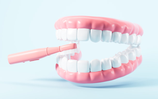 用牙刷清洁牙齿，口腔卫生概念，3d渲染。图片下载