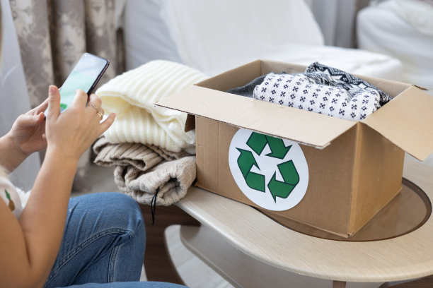 在网上出售不需要的旧衣服。一位女士坐在客厅里，把她的衣服从衣柜里整理出来，用手机拍下照片出售。旧衣服的实用性。图片下载