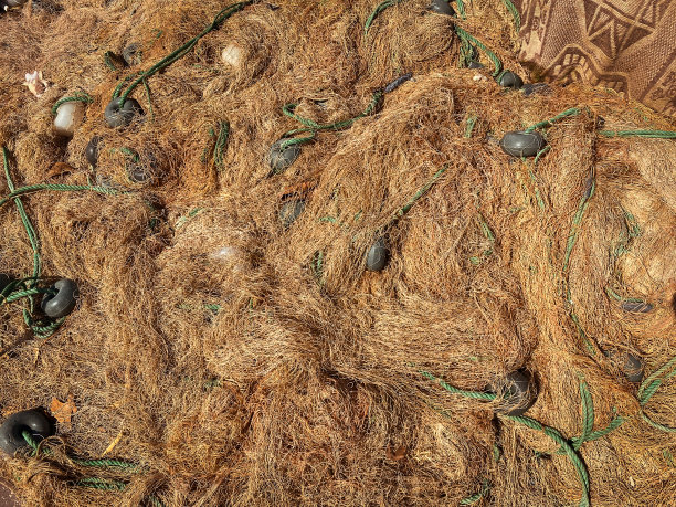 码头上缠结的渔网和浮标的特写图片下载