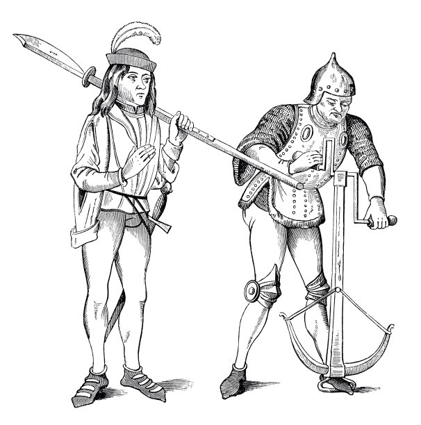 15世纪，两名士兵手持武器，弓和枪图片下载