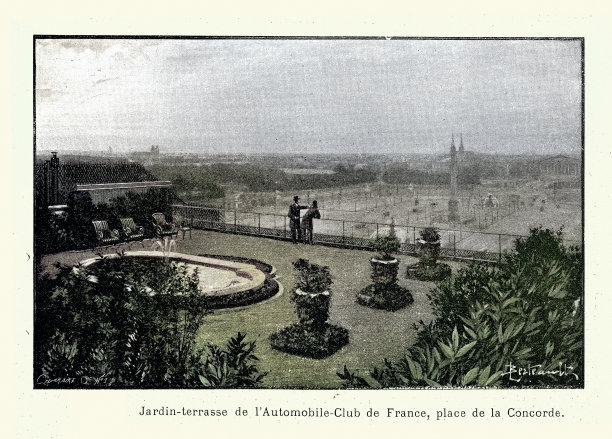 19世纪，法国巴黎协和广场的屋顶花园露台，园艺史图片下载