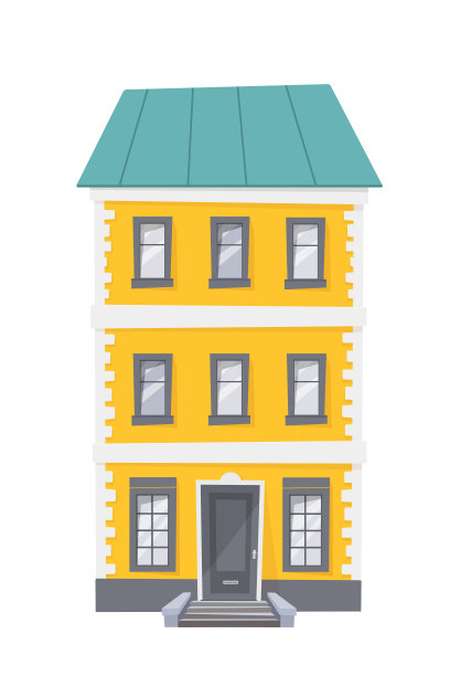 绿色屋顶的卡通黄房子装饰城市设计。图片下载