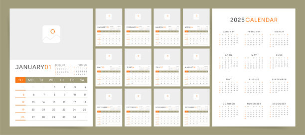 2025日历模板设计。现代垂直A4 2025日历设计。每月办公桌和墙壁规划师在绿色和橙色。理想的办公室品牌和企业规划日历2025。图片下载
