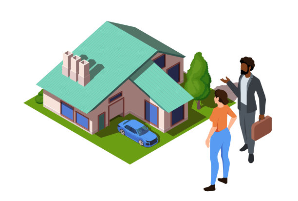 两个人挨着一间房子开一辆车，概念房地产。等距矢量插图孤立在白色图片下载