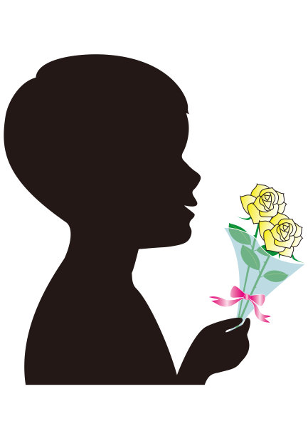 一个男孩手持一束白玫瑰的剪影图片下载