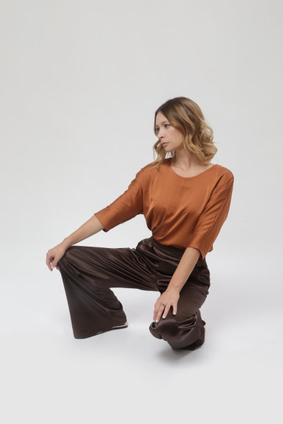 一系列的工作室照片的年轻女模特穿着简单美丽的服装，丝绸缎棕色衬衫和阔腿裤图片下载