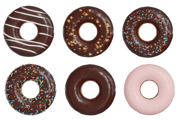 一组飞行3d渲染现实甜甜圈与彩色洒在白色背景。3d渲染模型的糕点和糖果或面包店餐饮图片下载