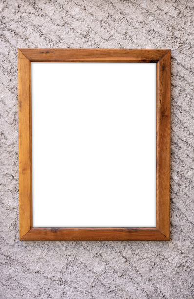 海报或图片的模型。灰色的墙壁上有粗大的孔，前面是棕色的木制画框。图片下载