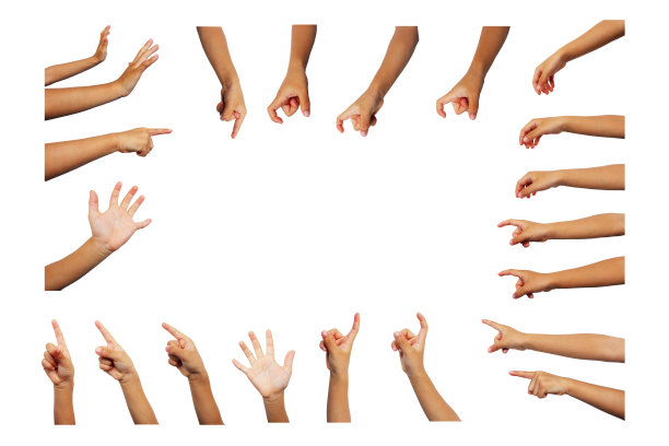 男孩的手在白色背景上的各种姿势的集合。图片下载