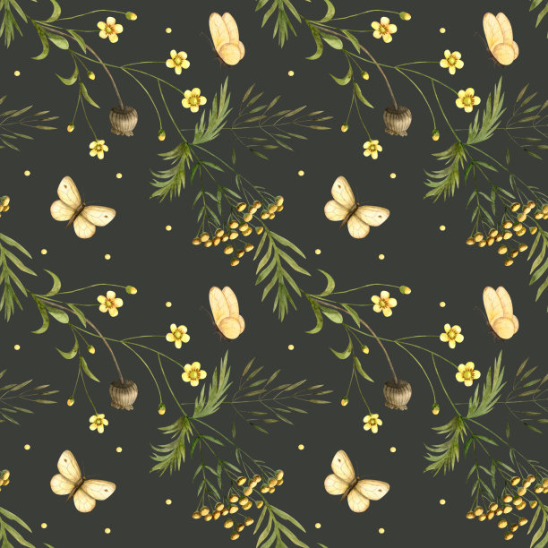 无缝图案的野花，草药在一个黑暗的背景。水彩插图的毛茛，堇，蝴蝶图片下载