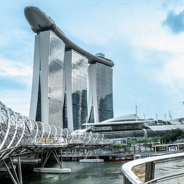 滨海湾金沙，新加坡的标志性标志，支配着滨海湾的天际线。酒店三座塔楼由独特的屋顶、方形形象相连图片下载