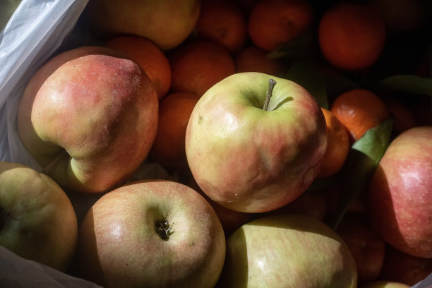新鲜的红苹果和青苹果配上橘子。白色塑料袋里装着新鲜水果。收获的概念。特写背景图片。生物健康节食。粉红色的女士图片下载