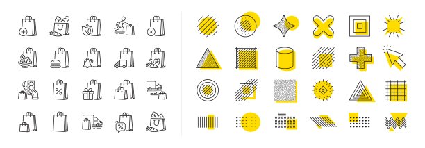 购物袋线图标。礼品盒，食品配送和销售报价袋套装。设计元素。向量图片下载