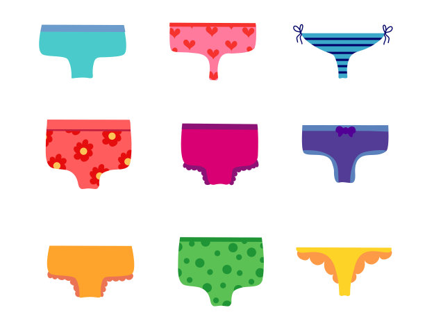 套妇女内裤，内衣类型串，丁字裤，tanga，比基尼。厚脸皮的，时髦的，经典的短裤，吊带，复古的高腰或显瘦内衣系列。卡通平面矢量插图。图片下载