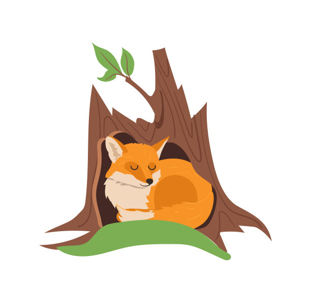 可爱的小狐狸卡通人物睡在树干空心孤立的白色背景图片下载