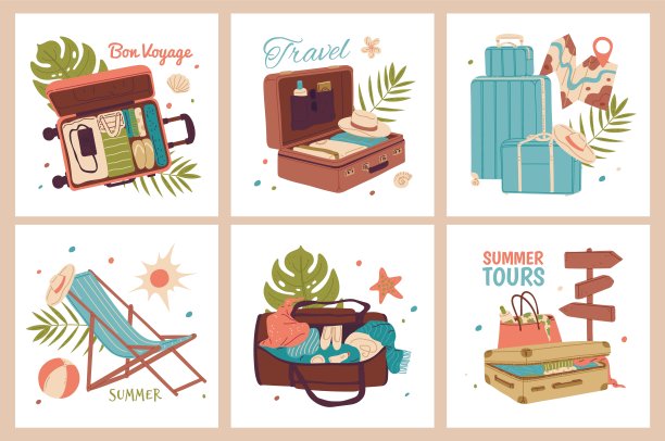 一套带有旅游设备和热带装饰的海报。图片下载