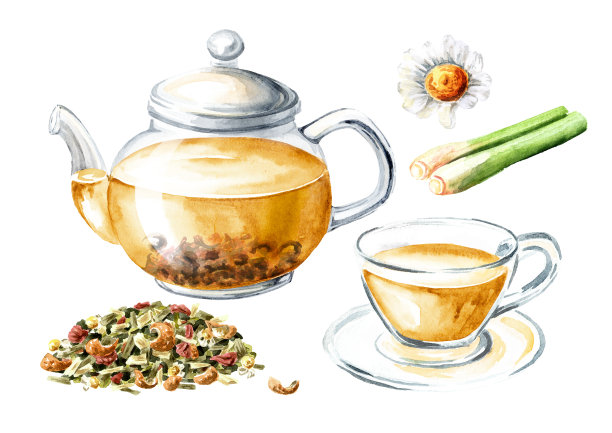 玻璃透明茶壶和一套杯子，与草药水果茶。手绘水彩插图孤立的白色背景图片下载