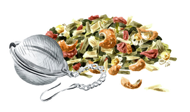 草药果茶冲泡及茶叶冲泡筛。手绘水彩插图孤立的白色背景图片下载