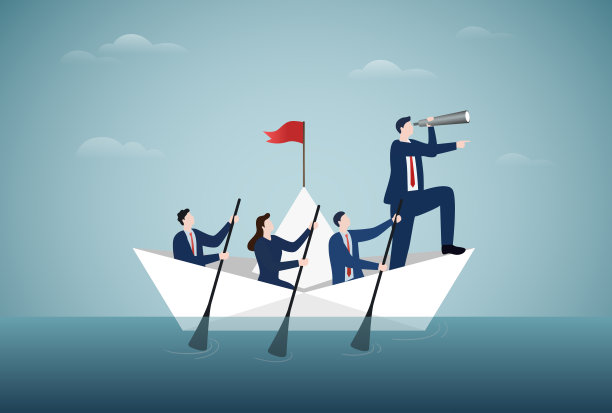发现新的商业机会和投资，制定愿景和目标，业务团队是用双筒望远镜划着小船站在纸船上展望未来。图片下载