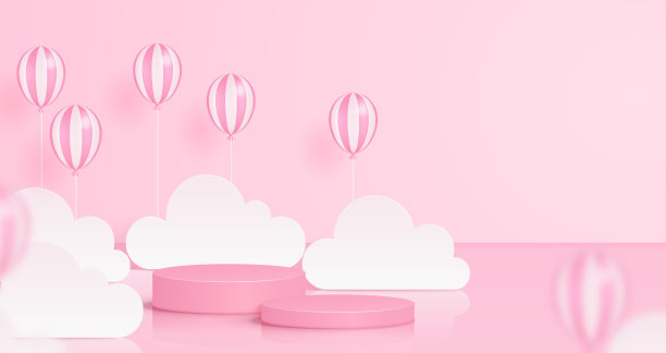 矢量插图三维粉红色讲台与气球，云。粉彩背景产品展示，广告。图片下载
