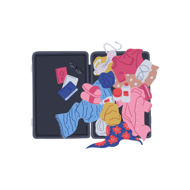 矢量图标的一个开放的行李箱与一套衣服:防晒霜配件在一个白色的背景图片下载