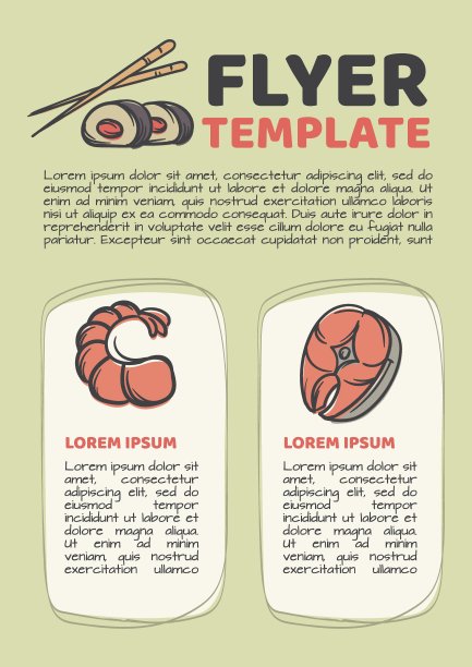 设计广告的一个餐厅，咖啡馆与寿司，鱼，海鲜的形象模板。可编辑的设计传单图片下载