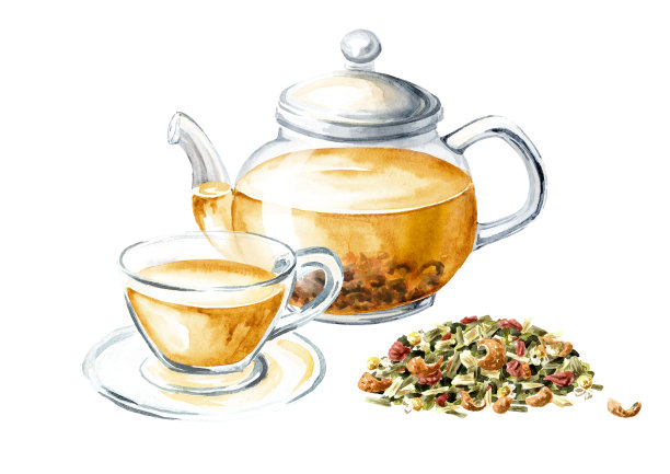 玻璃透明茶壶与草药水果茶。手绘水彩插图孤立的白色背景图片下载