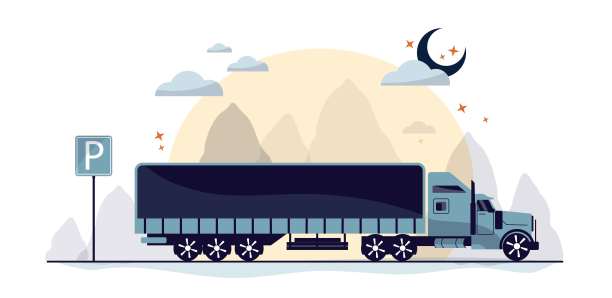 一辆美式卡车在路上行驶，在夜晚。拉负载。交通的话题。公路汽车主题。用于印刷，横幅，明信片。艺术矢量插图。图片下载
