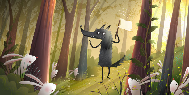 可怕的狼和兔子在森林儿童乐趣卡通图片下载