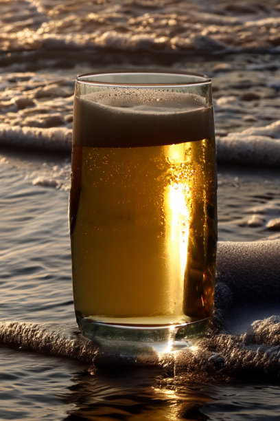 半品脱啤酒的图片，在啤酒上形成泡沫的泡沫，在日落时站在海边的沙滩上，沙滩背景上的波浪，聚焦在前景上图片下载