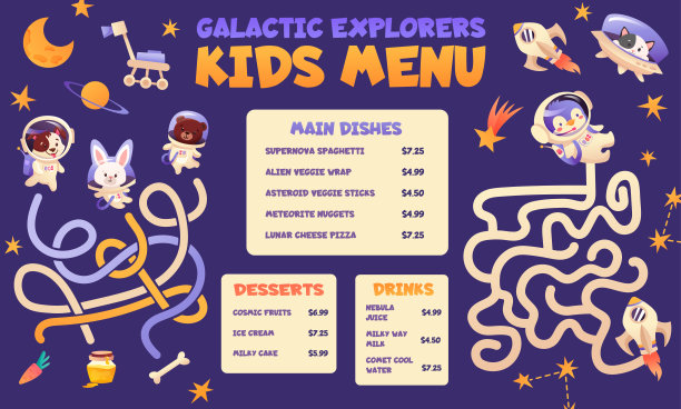 儿童菜单上有穿着太空服、行星和火箭的可爱动物。儿童菜单餐设计模板和迷宫。宇宙背景儿童棋盘游戏图片下载