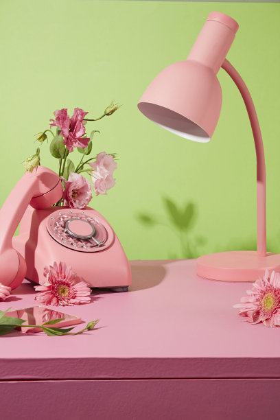 正面拍摄的照片在柔和的绿色背景上，粉红色的灯和粉红色的桌面电话放在同色的桌子上，周围装饰着非洲菊和吐口草。中间的空白处，用来放文字图片下载